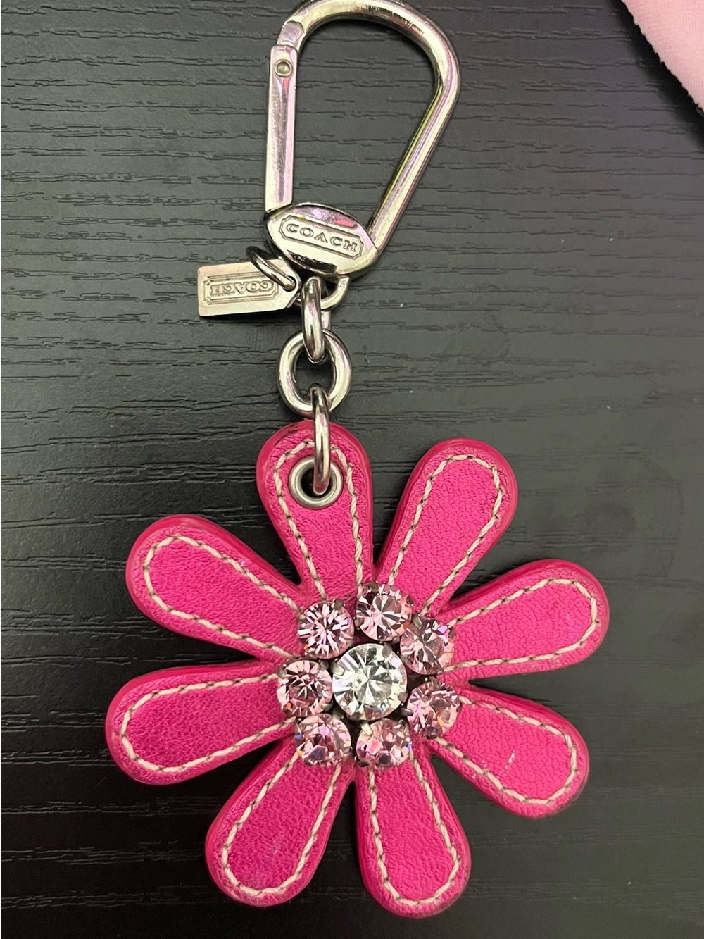 COACH Pink Metallic Leather Flower Keychain Charm with Crystal Embellishments
